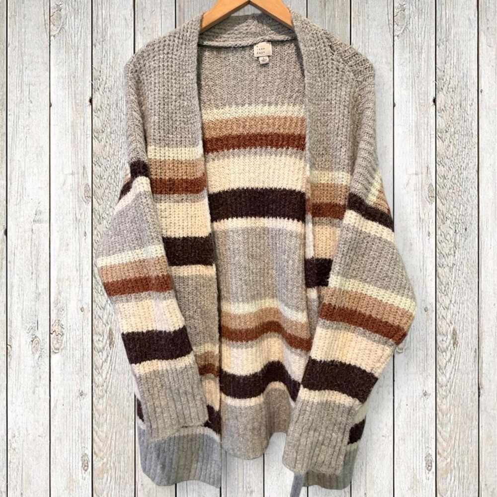 A New Day Oversized Striped Fuzzy Cardigan Sweater Gray Brown Cream Large